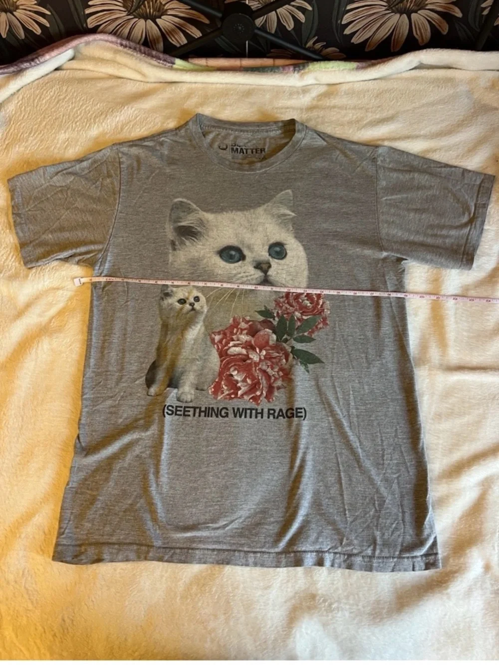 Black Matter Gray Cat Graphic Tee with Blue-Eyed Cat and Red Floral Print